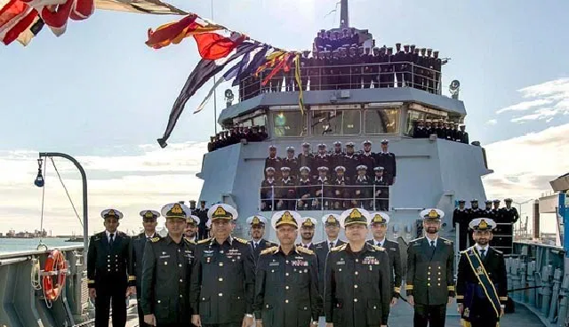 vice chief of naval staff muhammad fayyaz gilani in group photo with pakistan navy officials onboard pns yarmook during commissioning ceremony of pakistan navy ship yarmook photo app