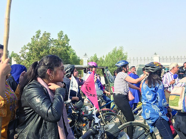 participants of a bike rally held to empower women rode from the quaid s mausoleum to nursery on sunday the rally was also aimed at mobilising people for the upcoming aurat march scheduled for march 8 at frere hall photos express