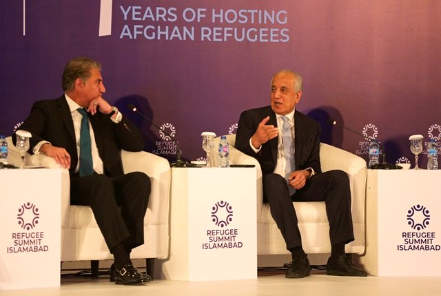 us envoy for peace in afghanistan zalmay khalilzad r and foreign minister shah mahmood qureshi attend the international conference on the future of afghan refugees living in pakistan photo reuters