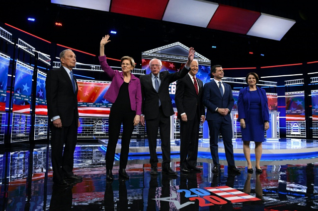 us presidential hopeful mike bloomberg l the former mayor of new york joined his fellow democrats on stage for the first time for their ninth debate of the party 039 s nomination process on february 19 2020 photo afp