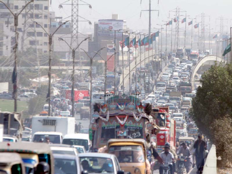 long queues of vehicles formed on main arteries of karachi on tuesday as roads in the vicinity of the national stadium were blocked ahead of pakistan super league vi matches photo ppi