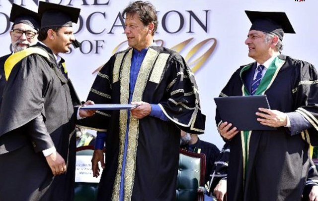 prime minister imran khan awards a degree to a student during the 7th convocation of the national university of modern languages numl in mianwali on february 23 2020 photo inp