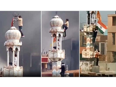 watch hindu mob sets delhi mosque on fire places hanuman flag on top watch hindu mob sets delhi mosque on fire places hanuman flag on top
