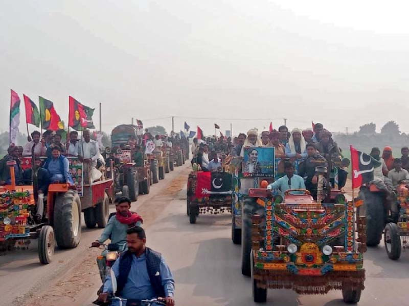 leaders and activists of pakistan peoples party take part in a tractor trolley march against the agricultural policies of the federal government photo ppi