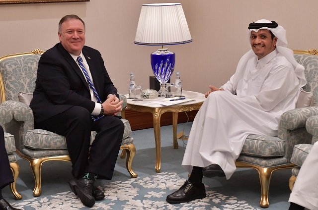 qatari deputy prime minister and minister of foreign affairs sheikh mohammed bin abdulrahman al thani meets with u s secretary of state mike pompeo on the sidelines of the peace signing ceremony between the united states and afghanistan 039 s taliban in doha qatar february 29 2020 washington and the taliban are set to sign a landmark deal in doha that would see them agree to the withdrawal of thousands of u s troops from afghanistan in return for insurgent guarantees photo reuters