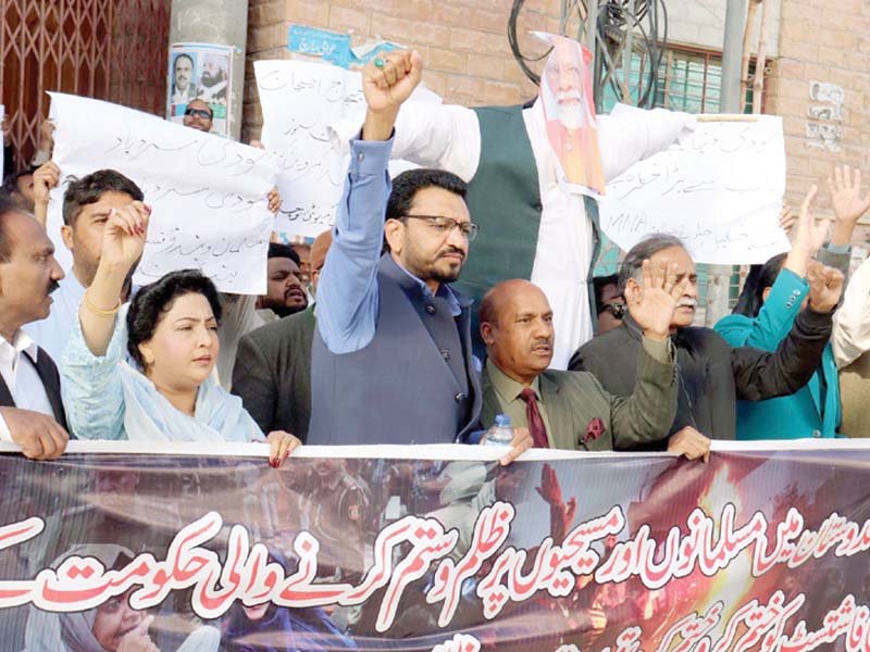 members of the christian community hold a protest demonstration against the indian government outside quetta press club photo ppi