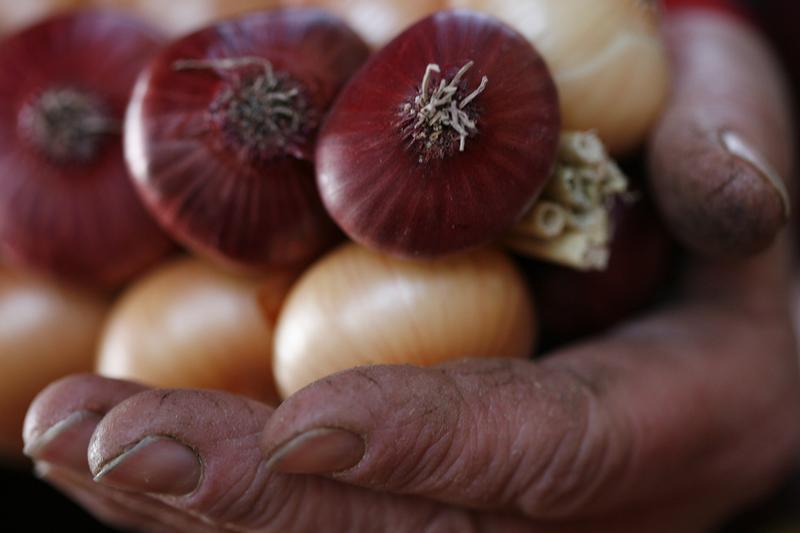 a vendor holds a string of onions photo reuters