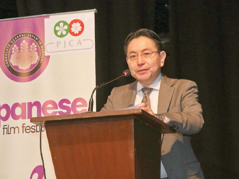 japanese consul general odagiri toshio speaks during the japanese film festival at the arts council of pakistan karachi photo express