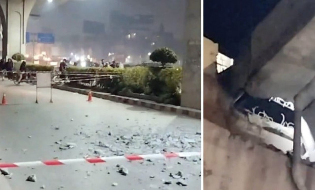 fallen pieces of concrete disrupt traffic flow on murree road near 6th road in rawalpindi photos express fallen pieces of concrete disrupt traffic flow on murree road near 6th road in rawalpindi photos express