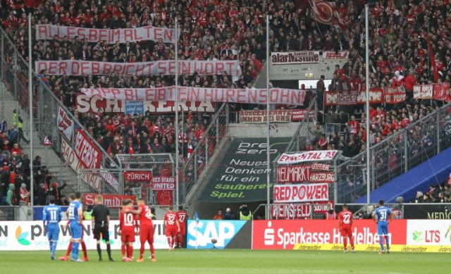 last week away to hoffenheim bayern fans unveiled a banner with 17 minutes to go which halted the match photo afp last week away to hoffenheim bayern fans unveiled a banner with 17 minutes to go which halted the match photo afp