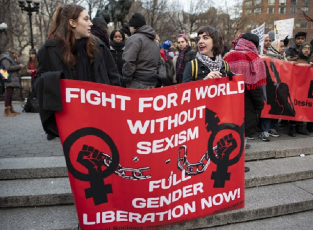 demonstrators gather during an international women 039 s strike march 8 2019 at union square in new york photo afp