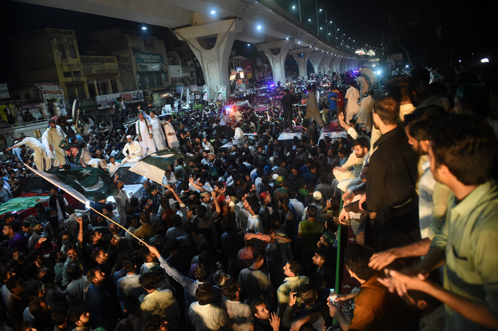 Supporters and activists of ousted Pakistani prime minister Nawaz Sharif march with him in a rally in Rawalpindi on August 9, 2017. Deposed Pakistani prime minister Nawaz Sharif is leading a rally from the capital Islamabad to his home in Lahore, following his ouster by the Supreme Court following a corruption probe. PHOTO: AFP