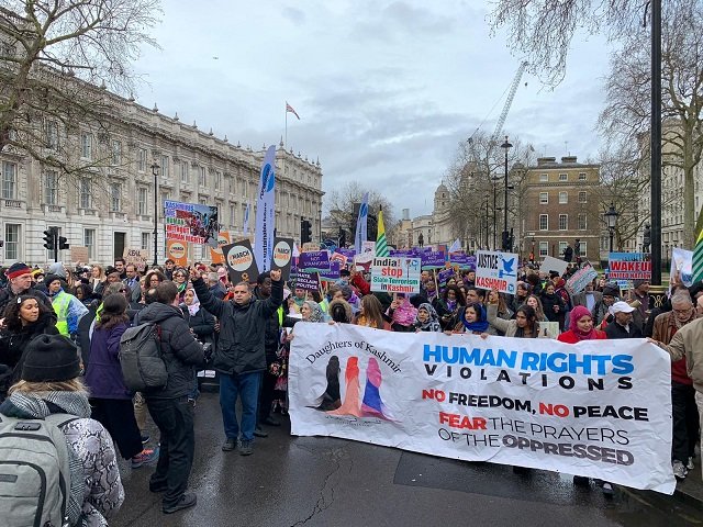 the protesters chant slogans against indian atrocities outside british prime minister 039 s house at 10 downing street photo express file