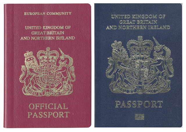 a combination image of two handout pictures released on december 22 2017 by the uk passport office shows a burgundy l and blue united kingdom passport photo afp