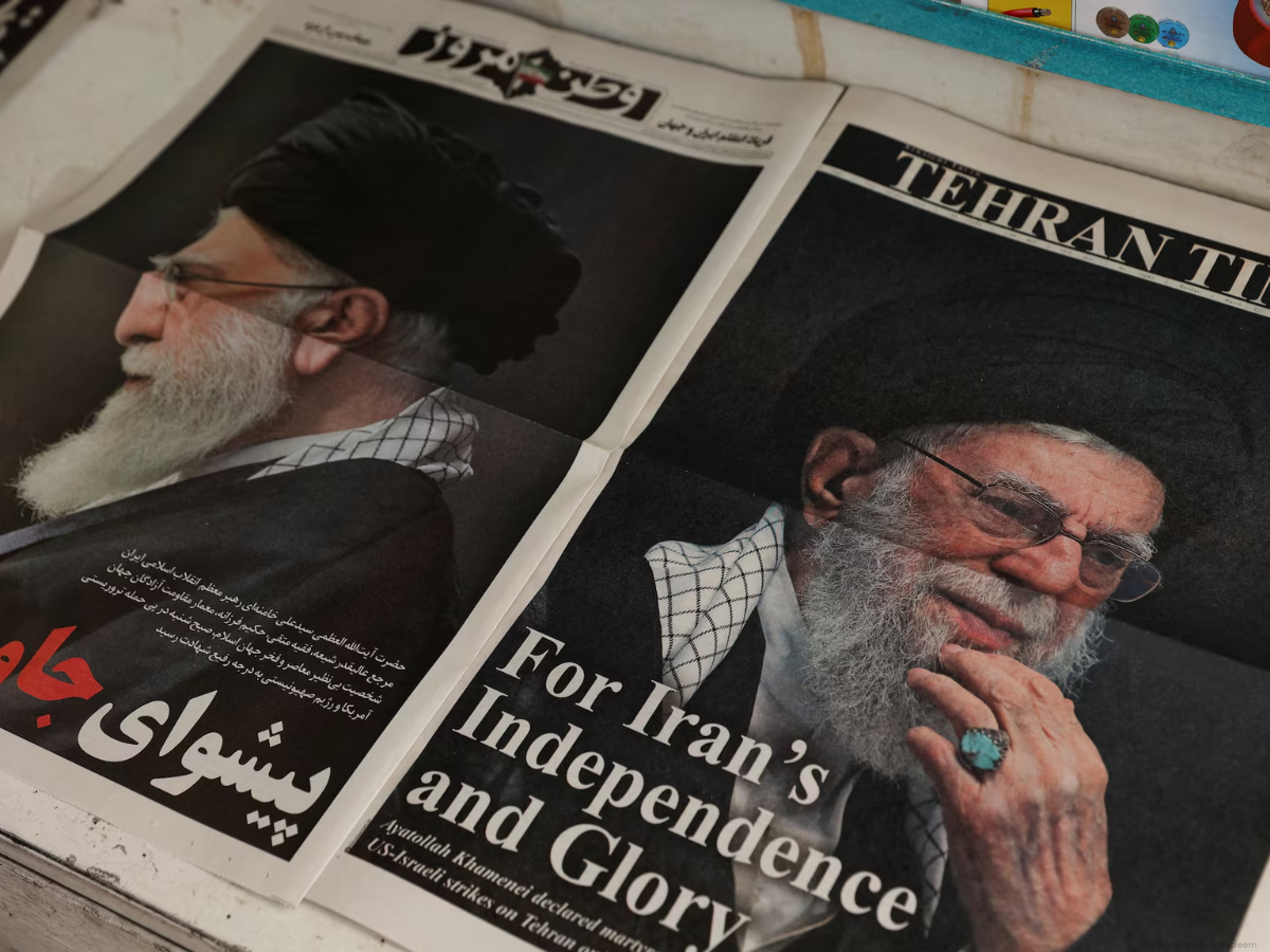 Iranian newspapers with cover photos of Iran's late Supreme Leader Ayatollah Ali Khamenei are displayed, after he was killed in Israeli and U.S. strikes on Saturday, in Tehran, Iran, March 2, 2026. Majid Asgaripour/WANA (West Asia News Agency) via REUTERS