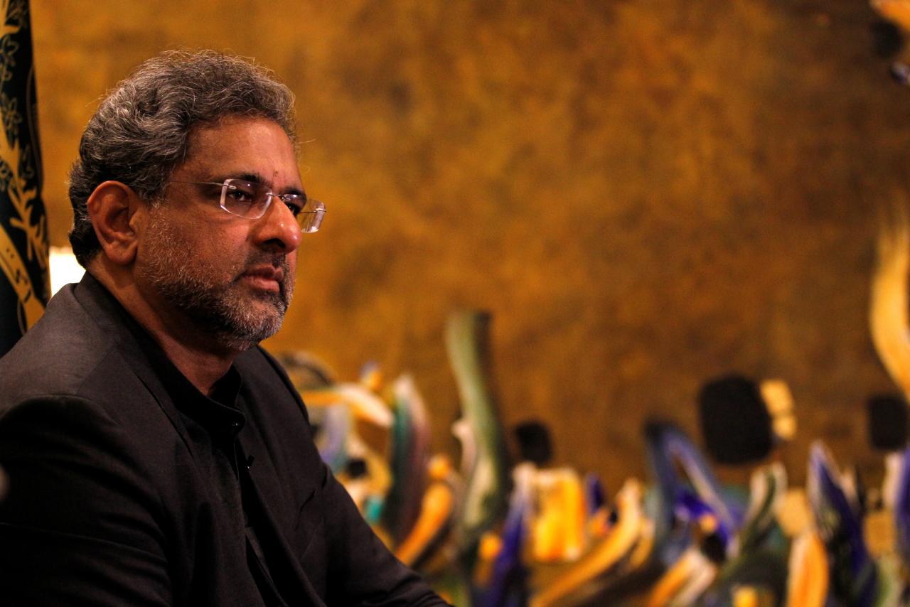 former premier shahid khaqan abbasi speaks during an interview with reuters in islamabad