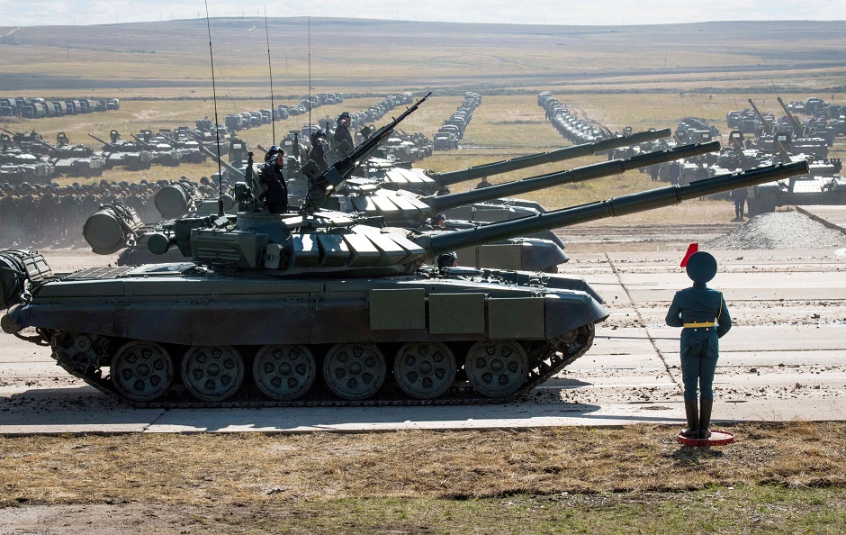 Russian, Chinese and Mongolian troops and military equipment parade at the end of the day of the Vostok-2018 PHOTO: AFP