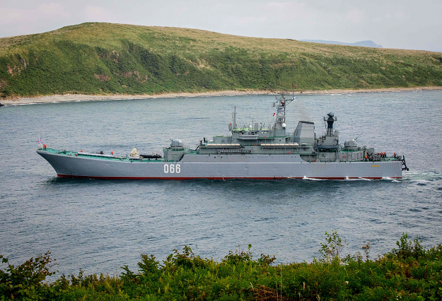 Russian landing ship is seen during the Vostok-2018 (East-2018) military drills. PHOTO:AFP