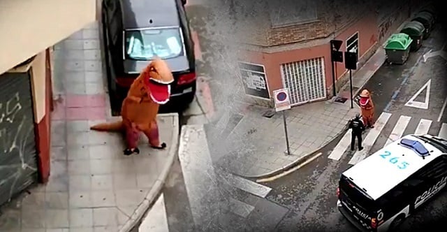 watch man in t rex costume walks the streets amid covid 19 lockdown