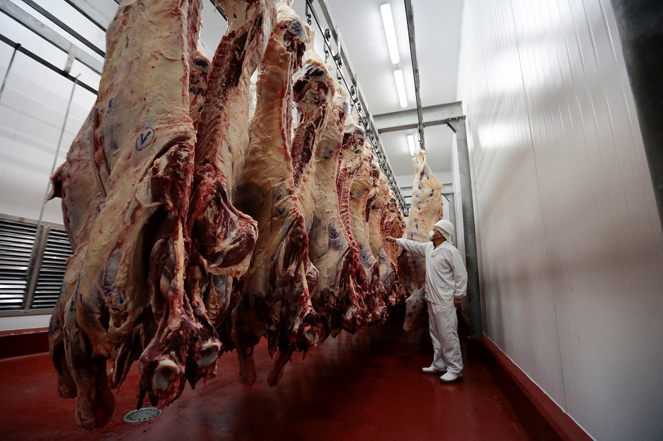 A worker stand in front of beef carcasses at the production line of the meat processing plant of Frigochaco in Limpio, Paraguay : REUTERS