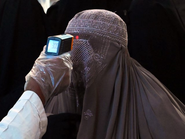 a health worker checks the body temperature of a burqa clad woman passenger amid concerns over the spread of the novel coronavirus at the railway station in lahore photo afp file