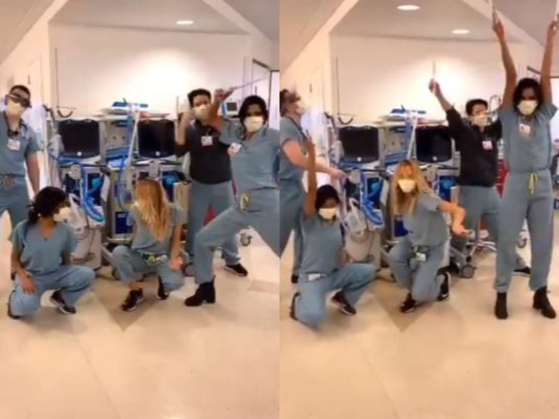 a team of doctors dance to celebrate the recovery of covid 19 patients