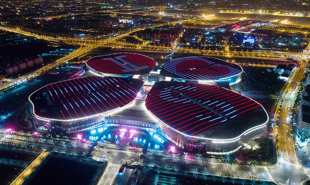 aerial photo taken on oct 21 2018 shows the national exhibition and convention center shanghai the main venue of the first china international import expo ciie in shanghai east china photo xinhua news agency