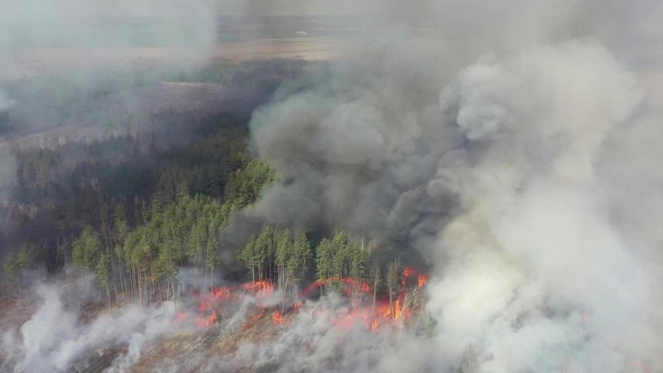 an aerial view shows a forest fire in the 30 km 19 miles exclusion zone around the chernobyl nuclear power plant ukraine april 12 2020 in this still picture taken from video photo reuters tv via reuters