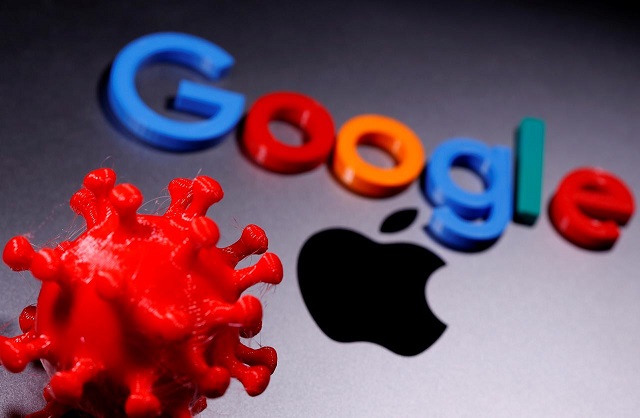 3d printed coronavirus model and google logo are placed near an apple macbook pro in this illustration taken april 12 2020 photo reuters