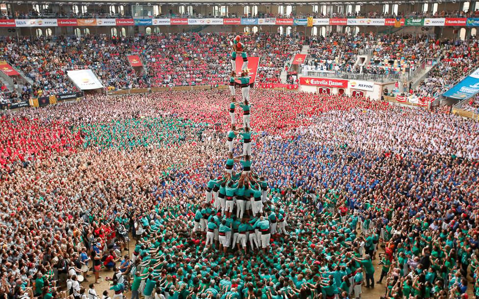 Castellers de Vilafranca form a human tower called 