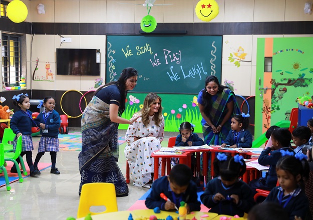 US first lady Melania Trump interacts with children at the Sarvodaya Co-Education Senior Secondary School in Moti Bagh, in New Delhi, during a visit by US President Donald Trump in India. PHOTO: REUTERS