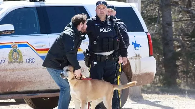 rcmp officer cedric landry releases a dog to a man at the checkpoint onto portapique beach road after gabriel wortman a suspected shooter was taken into custody in portapique nova scotia canada photo reuters rcmp officer cedric landry releases a dog to a man at the checkpoint onto portapique beach road after gabriel wortman a suspected shooter was taken into custody in portapique nova scotia canada photo reuters
