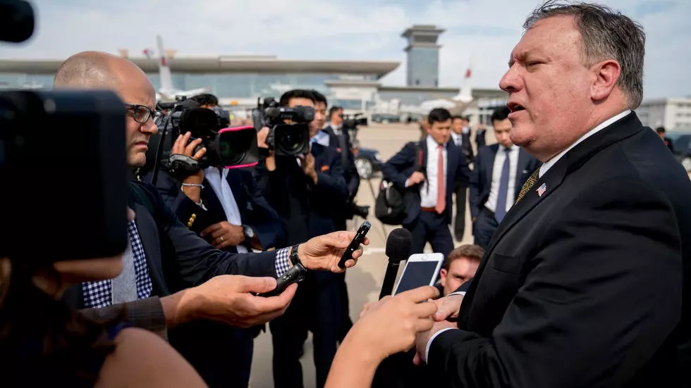 us secretary of state mike pompeo addresses reporters at pyongyang 039 s airport during a july 2018 visit photo afp