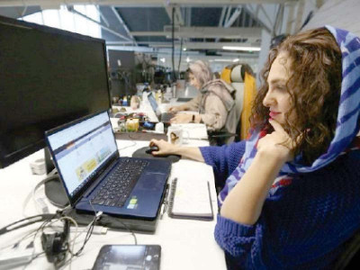 women riding digital wave