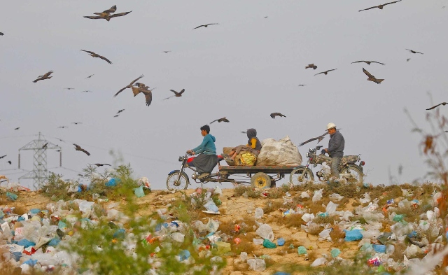 a view of kites flying over spread garbage near korangi area in karachi photo inp file