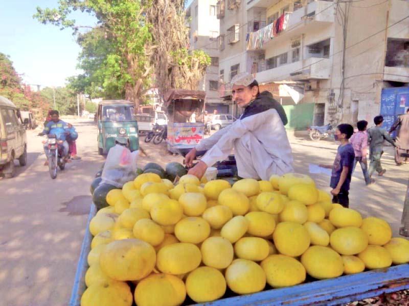 a hawker sits atop a pushcart laden with melons with no other source of income during the lockdown many have temporarily turned to selling fruits and vegetables in the streets photo express