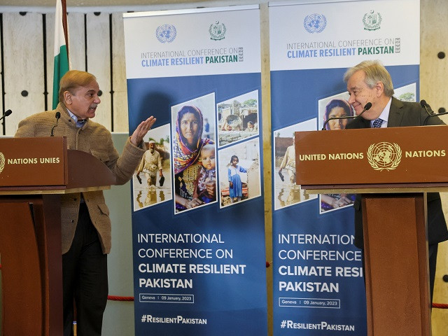 pm shehbaz sharif speaks with un secretary general antonio guterres at their joint news conference in geneva photo reuters