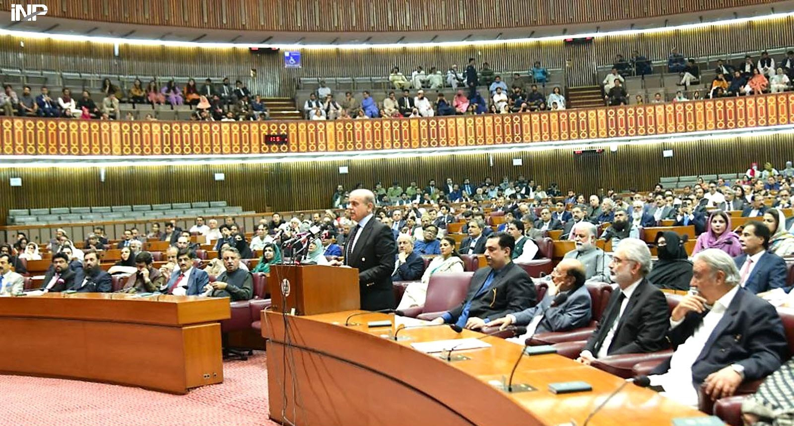 pm shehbaz sharif addresses the national constitution convention as supreme court justice qazi faez isa 2nd right in the front row looks on photo inp