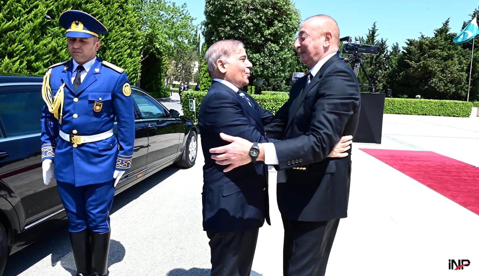 azerbaijan president ilham aliyev receives prime minister shehbaz sharif upon his arrival at zugulba palace baku photo inp