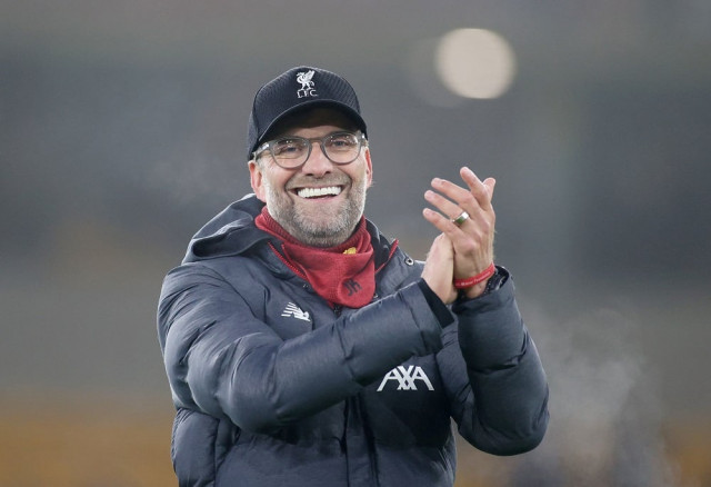 soccer football premier league wolverhampton wanderers v liverpool molineux stadium wolverhampton britain january 23 2020 liverpool manager juergen klopp applauds the fans after the match action images via reuters carl recine editorial use only no use with unauthorized audio video data fixture lists club league logos or live services online in match use limited to 75 images no video emulation no use in betting games or single club league player publications please contact your account representative for further details soccer football premier league wolverhampton wanderers v liverpool molineux stadium wolverhampton britain january 23 2020 liverpool manager juergen klopp applauds the fans after the match action images via reuters carl recine editorial use only no use with unauthorized audio video data fixture lists club league logos or live services online in match use limited to 75 images no video emulation no use in betting games or single club league player publications please contact your account representative for further details