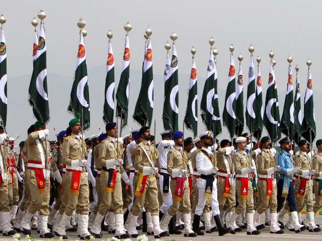 Pakistan's armed forces soldiers march past during Pakistan's national day parade in Islamabad on March 23, 2024. PHOTO: AFP