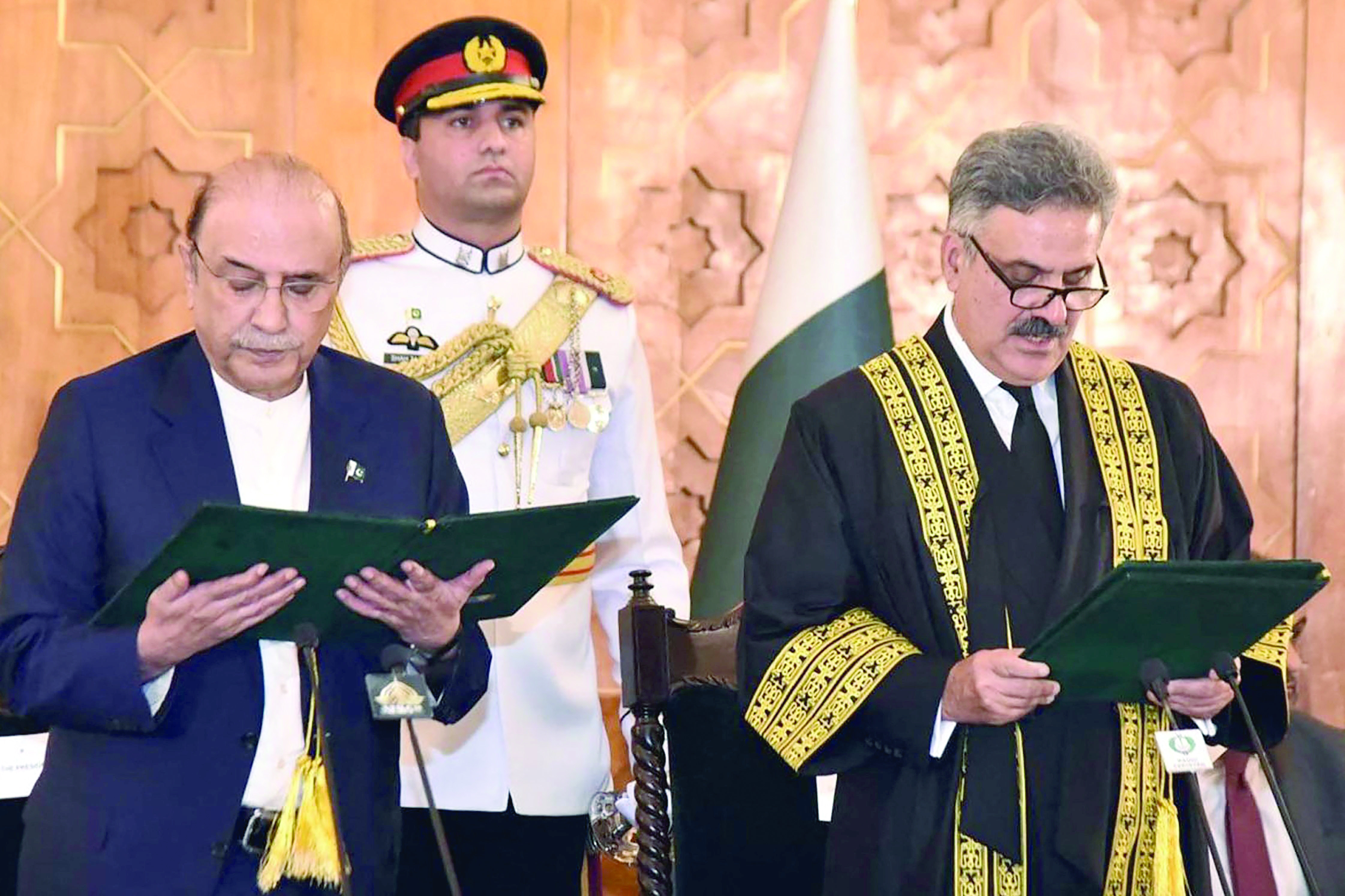 president asif ali zardari administers oath to justice yahya afridi as chief justice of pakistan in islamabad photo afp