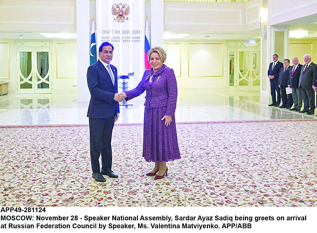 na speaker sardar ayaz sadiq shakes hands with federation council speaker valentina matviyenko in moscow photo app