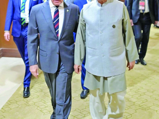 pm shehbaz sharif walks with bangladesh chief adviser dr muhammad yunis during a meeting on the sidelines of the d 8 summit in cairo photo nni