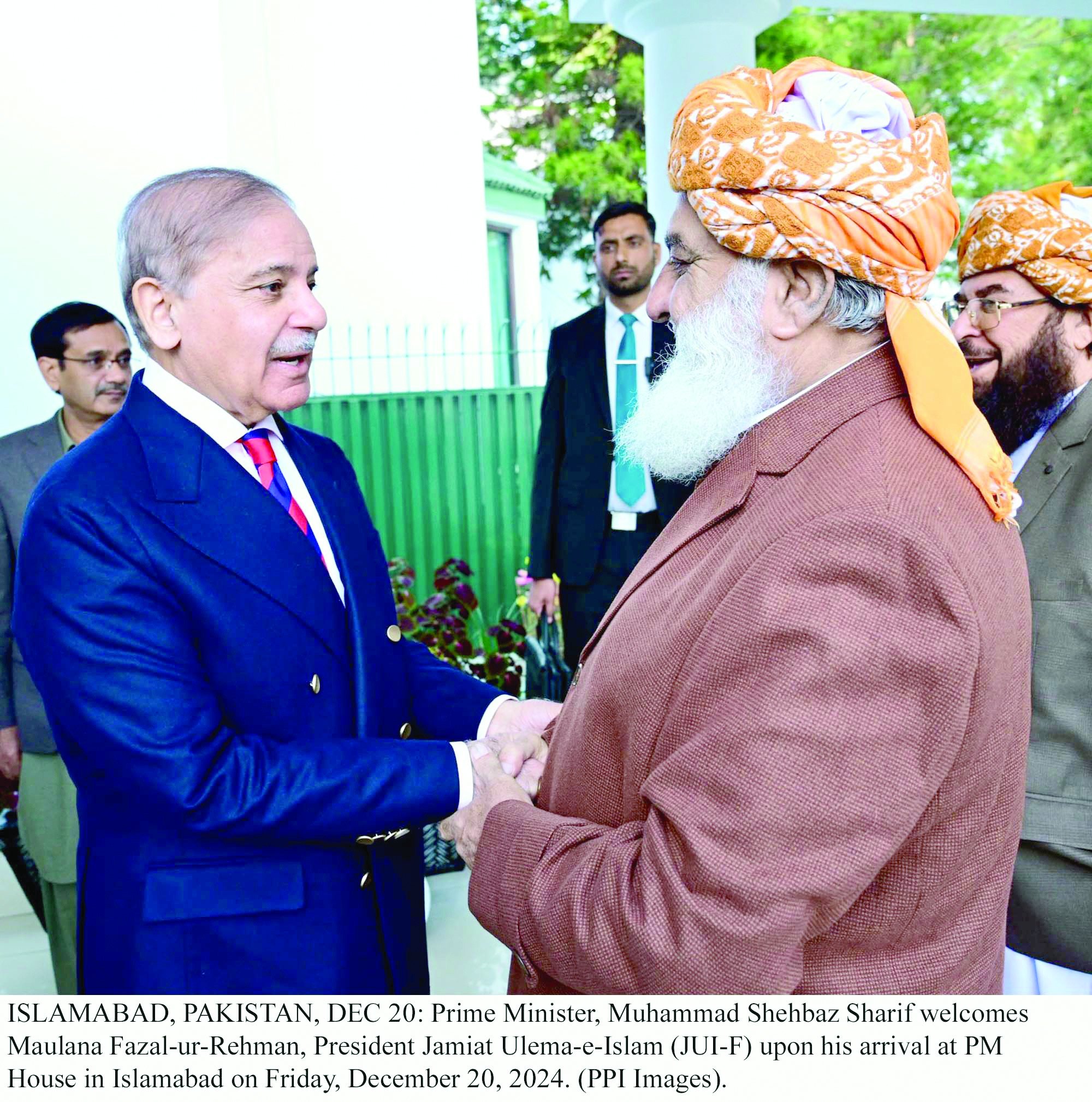 prime minister shehbaz sharif receives jui f chief maulana fazlur rehman upon his arrival at the pm house photo ppi