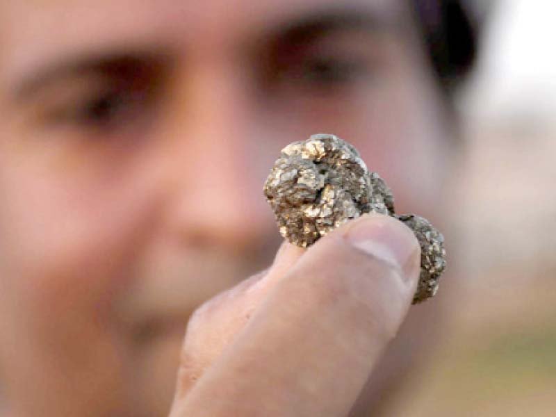 a piece of pyrite found near ganjo takar hills in hyderabad the recently discovered metal deposits were mistaken for gold until laboratory tests concluded otherwise photo inp