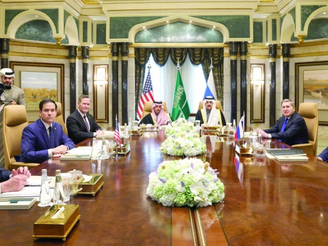 the russian and us delegations attend a meeting at riyadh s diriyah palace photo afp the russian and us delegations attend a meeting at riyadh s diriyah palace photo afp