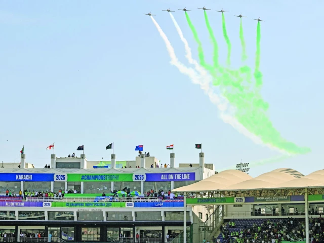 pakistan air force sherdils fly past at the opening ceremony of the icc champions trophy odi cricket match between pakistan and new zealand at national bank stadium in karachi photo afp pakistan air force sherdils fly past at the opening ceremony of the icc champions trophy odi cricket match between pakistan and new zealand at national bank stadium in karachi photo afp