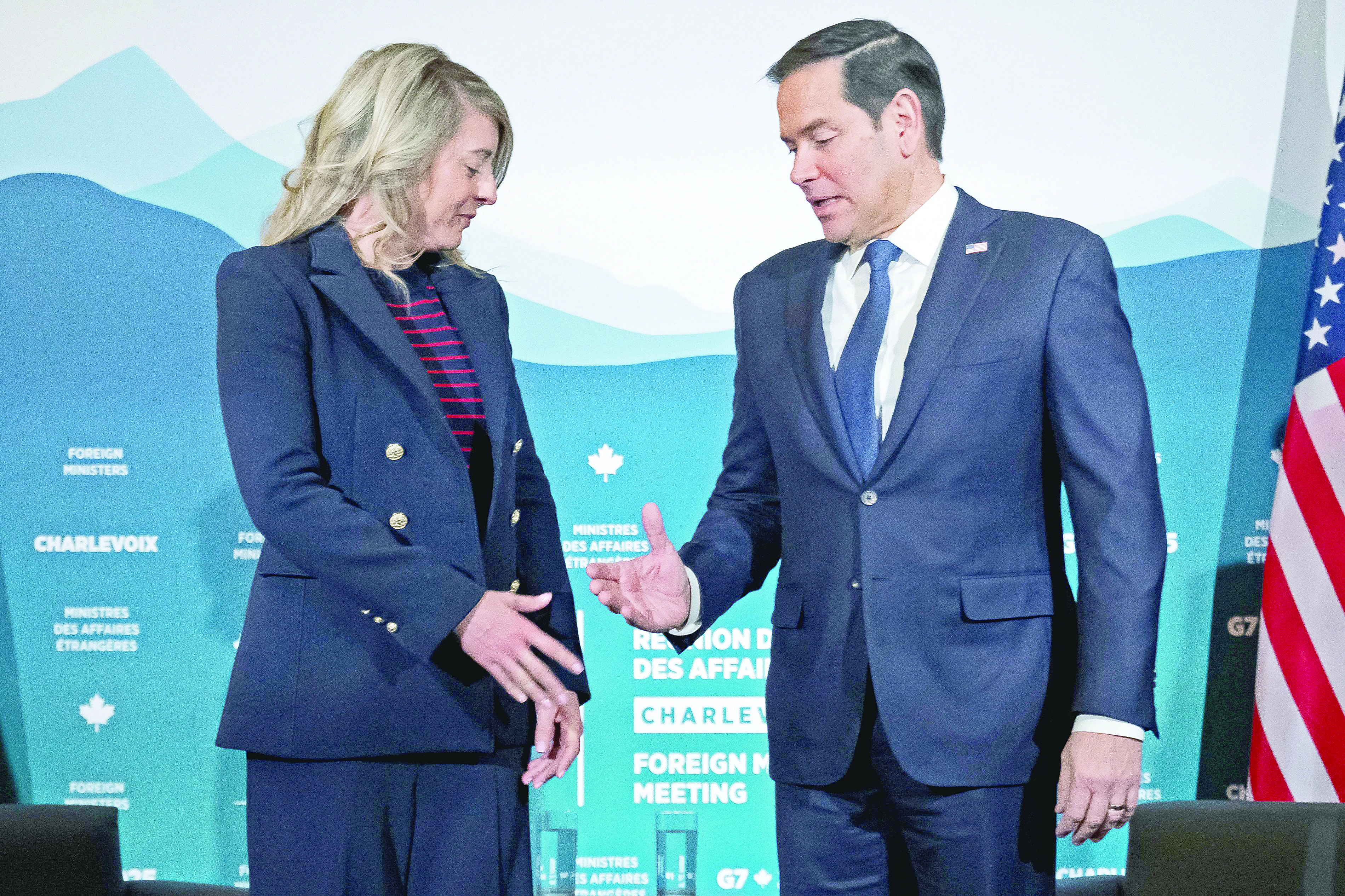 canadian foreign minister melanie joly and us secretary of state marco rubio hold a meeting on the sidelines of the g7 foreign ministers meeting in la malbaie quebec photo afp canadian foreign minister melanie joly and us secretary of state marco rubio hold a meeting on the sidelines of the g7 foreign ministers meeting in la malbaie quebec photo afp