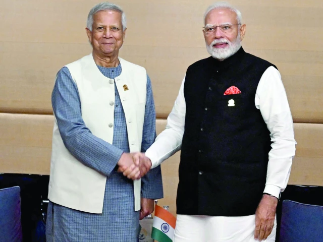 indian prime minister narendra modi shakes hands with bangladesh interim leader and nobel laureate muhammad yunus in bangkok photo afp